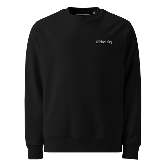 Wolves Cry Originals Embroidered Crew in black, made from 100% organic ring-spun cotton. Features a minimalist embroidered logo on the chest, combining timeless style with modern sustainability. Perfect for streetwear enthusiasts seeking comfort and ethical fashion.