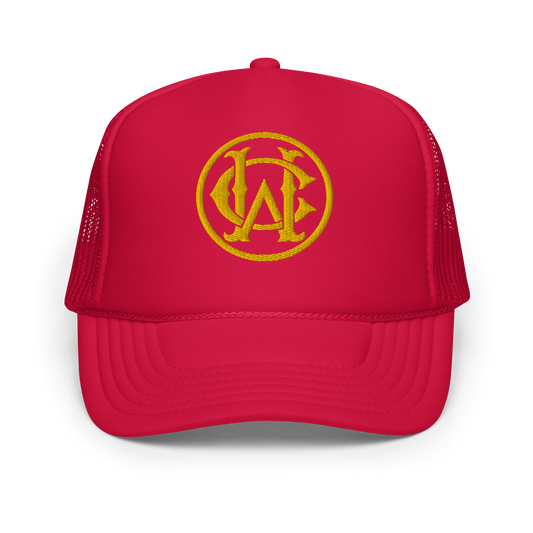 Wolves Cry Originals Happy Meal Foam Trucker Hat in bold red and yellow with nostalgic 90s-inspired design and embroidered monogram. Featuring a comfy foam front, adjustable plastic snap, and retro vibes for a playful streetwear statement.