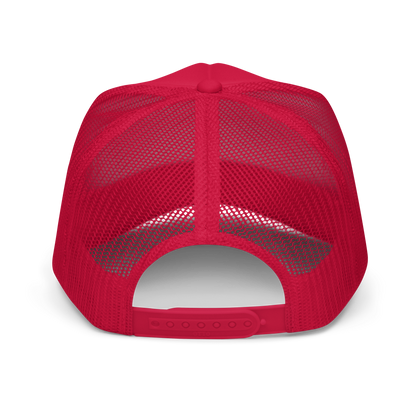 Wolves Cry Originals Happy Meal Foam Trucker Hat in bold red and yellow with nostalgic 90s-inspired design and embroidered monogram. Featuring a comfy foam front, adjustable plastic snap, and retro vibes for a playful streetwear statement. Back view showcases the adjustable plastic snap closure for a custom fit.