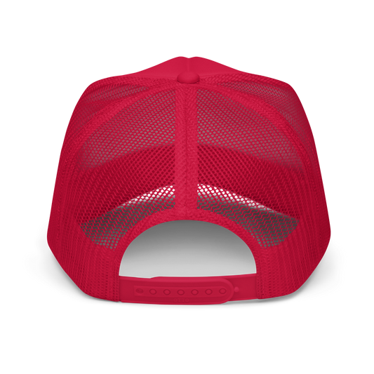 Wolves Cry Originals Happy Meal Foam Trucker Hat in bold red and yellow with nostalgic 90s-inspired design and embroidered monogram. Featuring a comfy foam front, adjustable plastic snap, and retro vibes for a playful streetwear statement. Back view showcases the adjustable plastic snap closure for a custom fit.