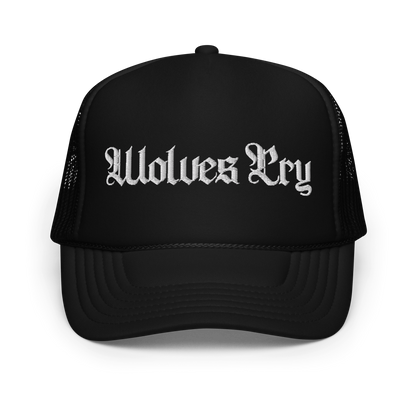Wolves Cry Originals OG Foam Trucker Hat in black, featuring the bold embroidered logo on the front. A lightweight, breathable design made with a polyester front and mesh back for durability and comfort.