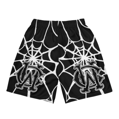 Back view of the Wolves Cry Originals OG Mesh Shorts in black, showcasing the intricate spider web pattern. Designed for high-performance and sustainability with moisture-wicking recycled fabric.