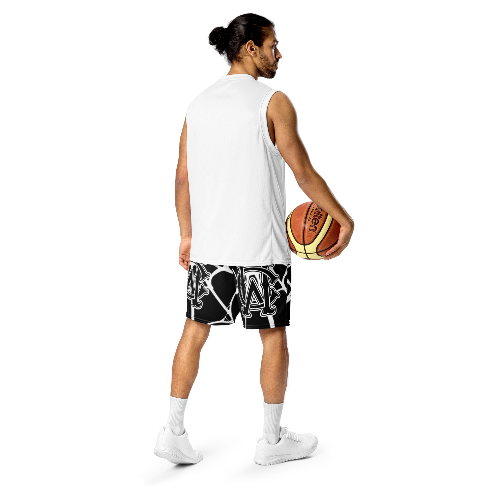 Model wearing the Wolves Cry Originals OG Mesh Shorts in black with a bold spider web design. Styled for a streetwear edge, these shorts blend performance and sustainability with a relaxed fit.