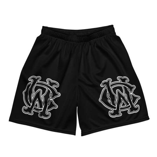 Front view of Wolves Cry Originals OG Mesh Shorts in the Black & White Classic Edition, featuring the iconic Wolves Cry monogram logo. Made from 100% recycled polyester for comfort, sustainability, and style.