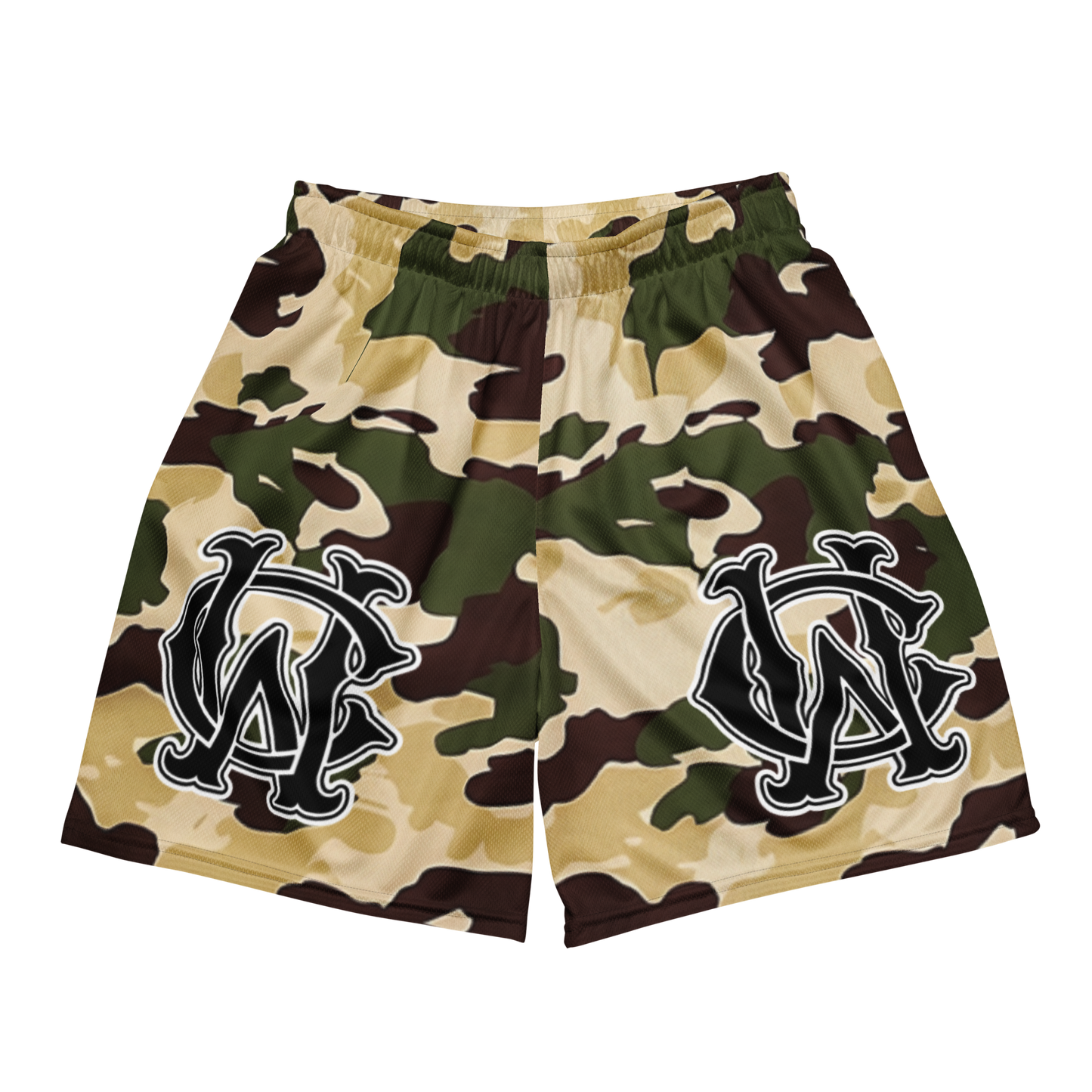 Front view of Wolves Cry Originals OG Mesh Shorts in Cream Camo “Desert Hunter” Edition, showcasing bold monogram logos and camo streetwear style.