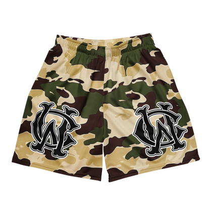 Front view of Wolves Cry Originals OG Mesh Shorts in Cream Camo “Desert Hunter” Edition, showcasing bold monogram logos and camo streetwear style.