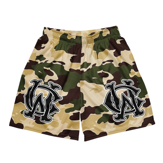 Front view of Wolves Cry Originals OG Mesh Shorts in Cream Camo “Desert Hunter” Edition, showcasing bold monogram logos and camo streetwear style.