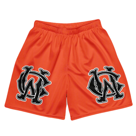 Front view of Wolves Cry Originals OG Mesh Shorts “Iron Man Edition” in bold orange with large monogram logos, inspired by athletic energy and baseball heritage.