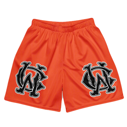 Front view of Wolves Cry Originals OG Mesh Shorts “Iron Man Edition” in bold orange with large monogram logos, inspired by athletic energy and baseball heritage.