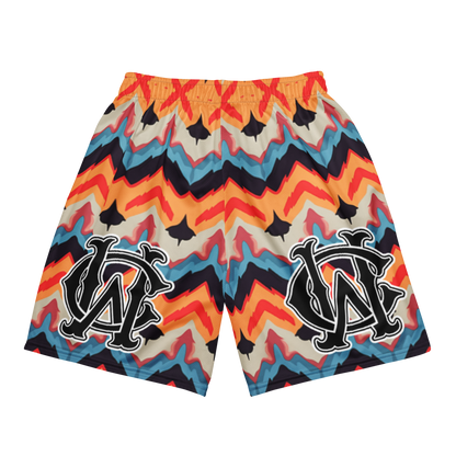 Back view of Wolves Cry Originals OG Mesh Shorts “Psychedelic Navajo Edition,” showcasing colorful psychedelic design with Wolves Cry branding on both legs.