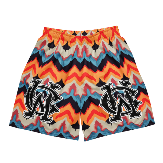 Front view of Wolves Cry Originals OG Mesh Shorts “Psychedelic Navajo Edition,” featuring bold, vibrant Navajo-inspired patterns with Wolves Cry monogram logos.