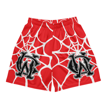 Front view of Wolves Cry Originals OG Mesh Shorts “Red Spider Web Edition,” featuring bold red fabric with white spider web details and large black monogram logos.