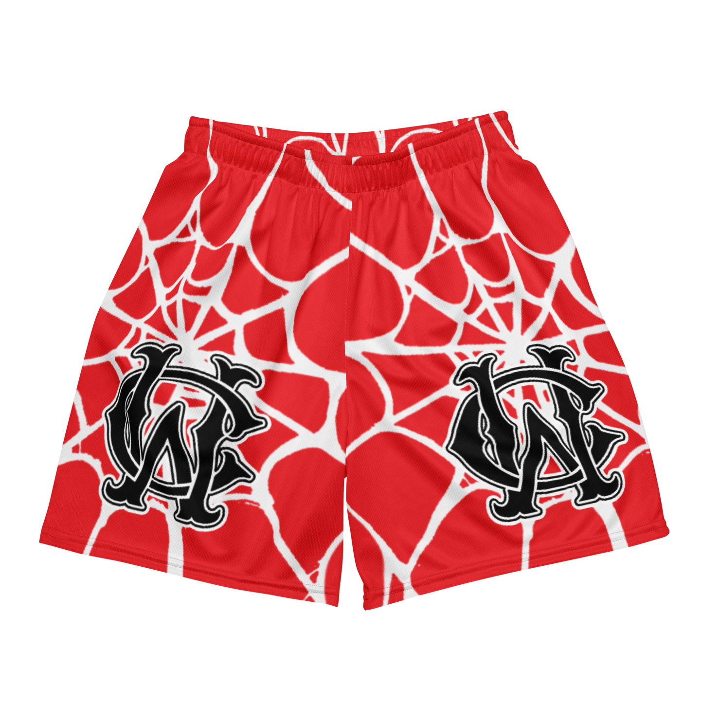 Front view of Wolves Cry Originals OG Mesh Shorts “Red Spider Web Edition,” featuring bold red fabric with white spider web details and large black monogram logos.