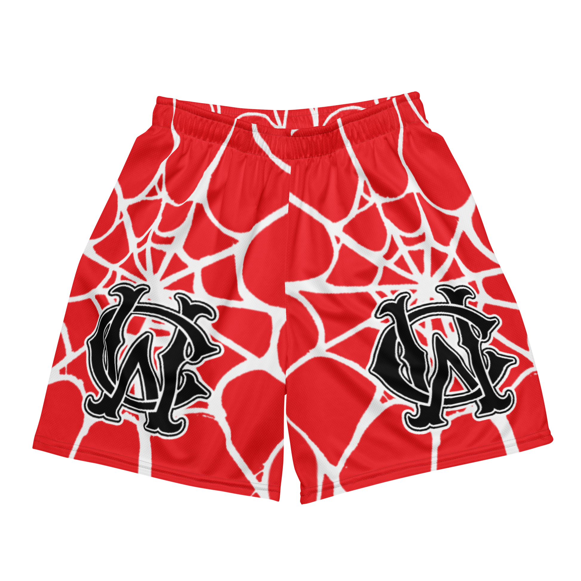 Front view of Wolves Cry Originals OG Mesh Shorts “Red Spider Web Edition,” featuring bold red fabric with white spider web details and large black monogram logos.