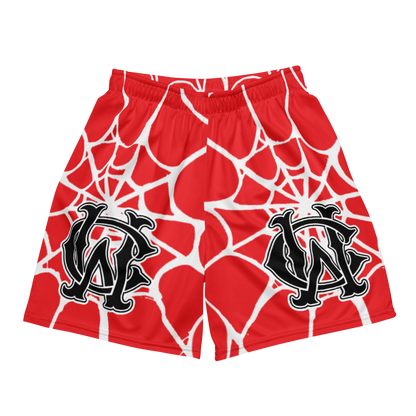 Front view of Wolves Cry Originals OG Mesh Shorts “Red Spider Web Edition,” featuring bold red fabric with white spider web details and large black monogram logos.