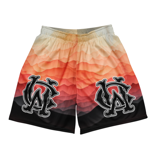 Front view of Wolves Cry Originals OG Mesh Shorts “Sedona Sunsets Edition,” featuring an ombré gradient design fading from sand to blazing sunset tones with Wolves Cry monogram logos.