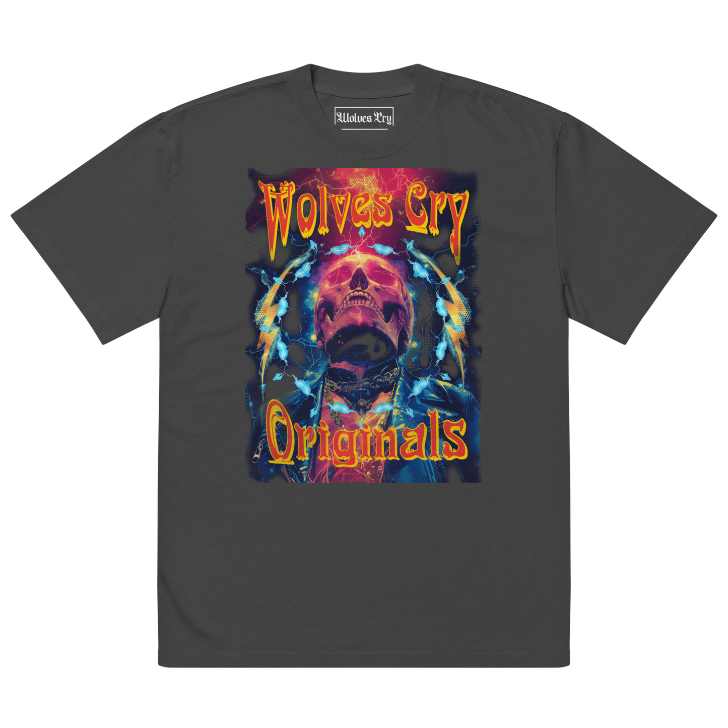 Front view of Wolves Cry Originals Oversized Universe Tee in black, featuring a multi-colored cosmic graphic with vintage distressing for a worn-in, rock band aesthetic.