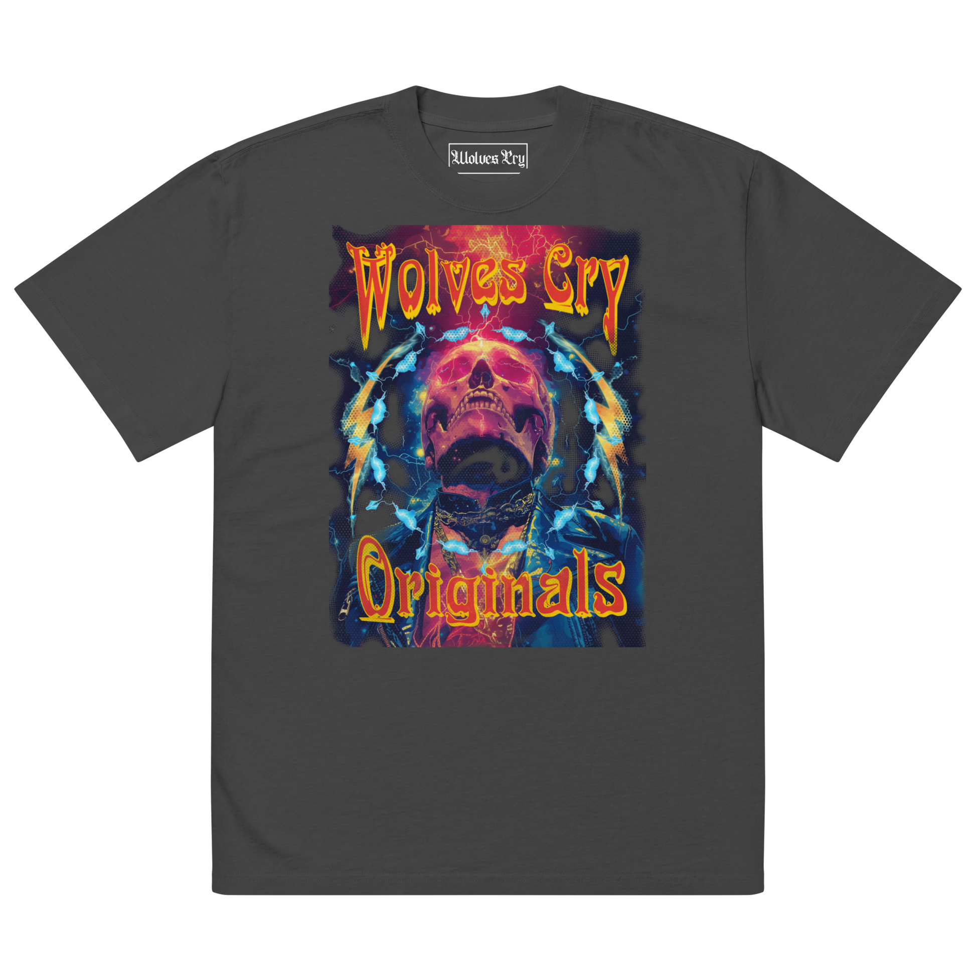 Front view of Wolves Cry Originals Oversized Universe Tee in black, featuring a multi-colored cosmic graphic with vintage distressing for a worn-in, rock band aesthetic.