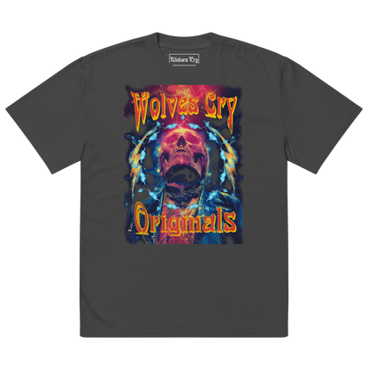 Front view of Wolves Cry Originals Oversized Universe Tee in black, featuring a multi-colored cosmic graphic with vintage distressing for a worn-in, rock band aesthetic.