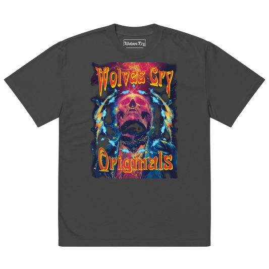 Front view of Wolves Cry Originals Oversized Universe Tee in black, featuring a multi-colored cosmic graphic with vintage distressing for a worn-in, rock band aesthetic.