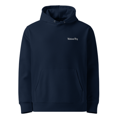 Front view of Wolves Cry Originals Pacific Midnight Hoodie, crafted from 100% organic cotton, featuring subtle OG font embroidery and a sleek, minimalist black design.