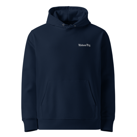 Front view of Wolves Cry Originals Pacific Midnight Hoodie, crafted from 100% organic cotton, featuring subtle OG font embroidery and a sleek, minimalist black design.