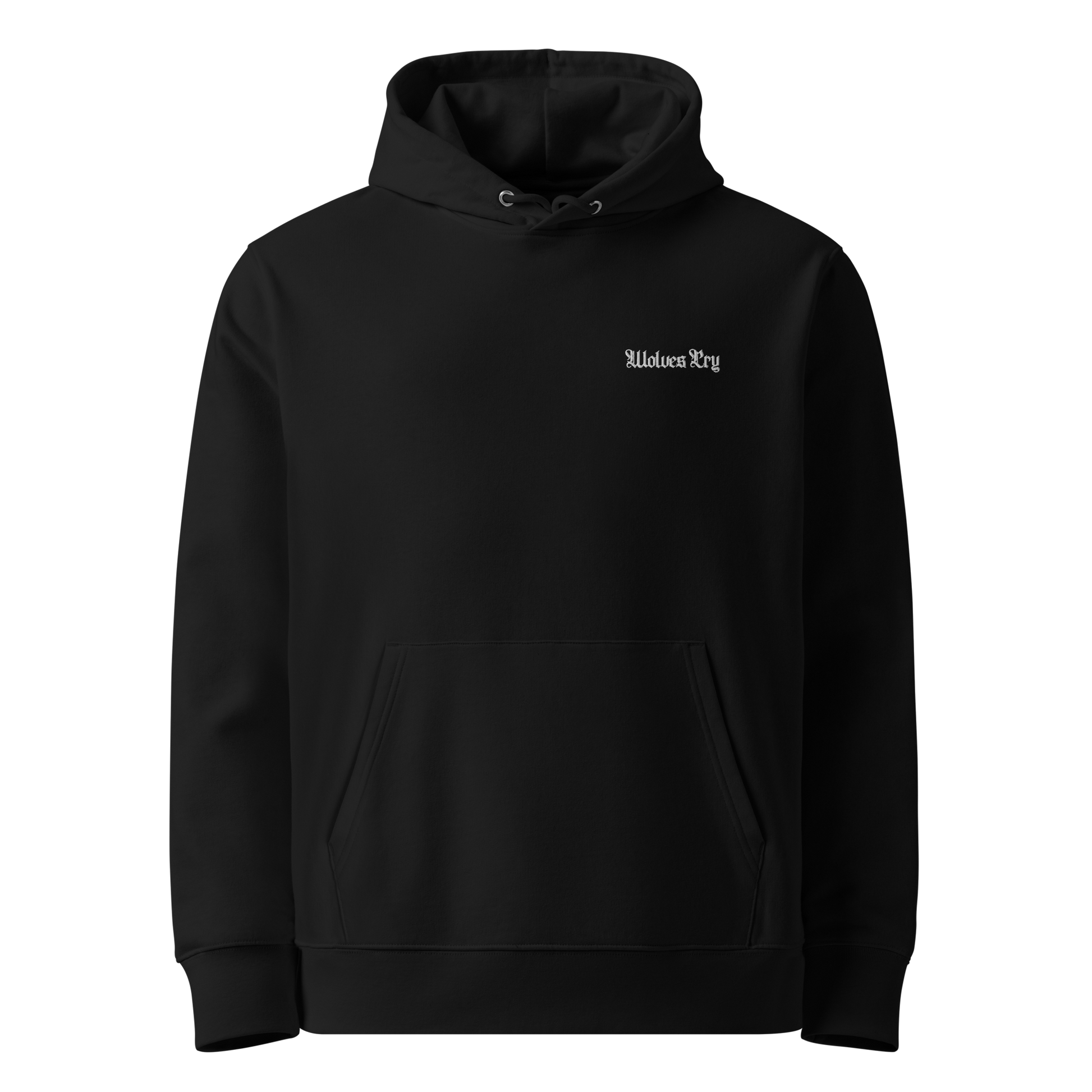 Front view of the Wolves Cry Ravens Wing Black Hoodie, featuring subtle OG font embroidery on the chest, crafted from 100% organic cotton for premium comfort and durability.
