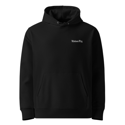 Front view of the Wolves Cry Ravens Wing Black Hoodie, featuring subtle OG font embroidery on the chest, crafted from 100% organic cotton for premium comfort and durability.