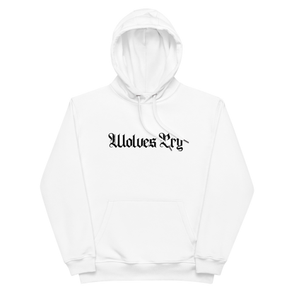 Wolves Cry Spell-Out Eco Hoodie in white, made from 85% organic cotton and 15% recycled polyester, designed with OG font embroidery, brushed fleece interior, and a double-layered hood for eco-friendly style and warmth.