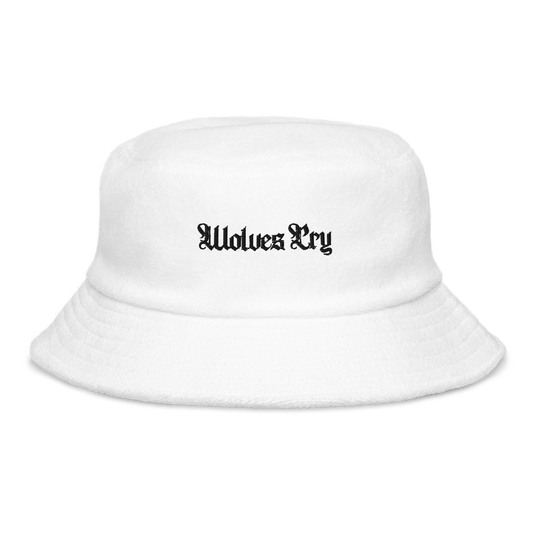 Wolves Cry Spell Out Bucket Hat in white terry cloth featuring embroidered branding, a classic brim, and decorative stitching for a fresh and modern summer look.