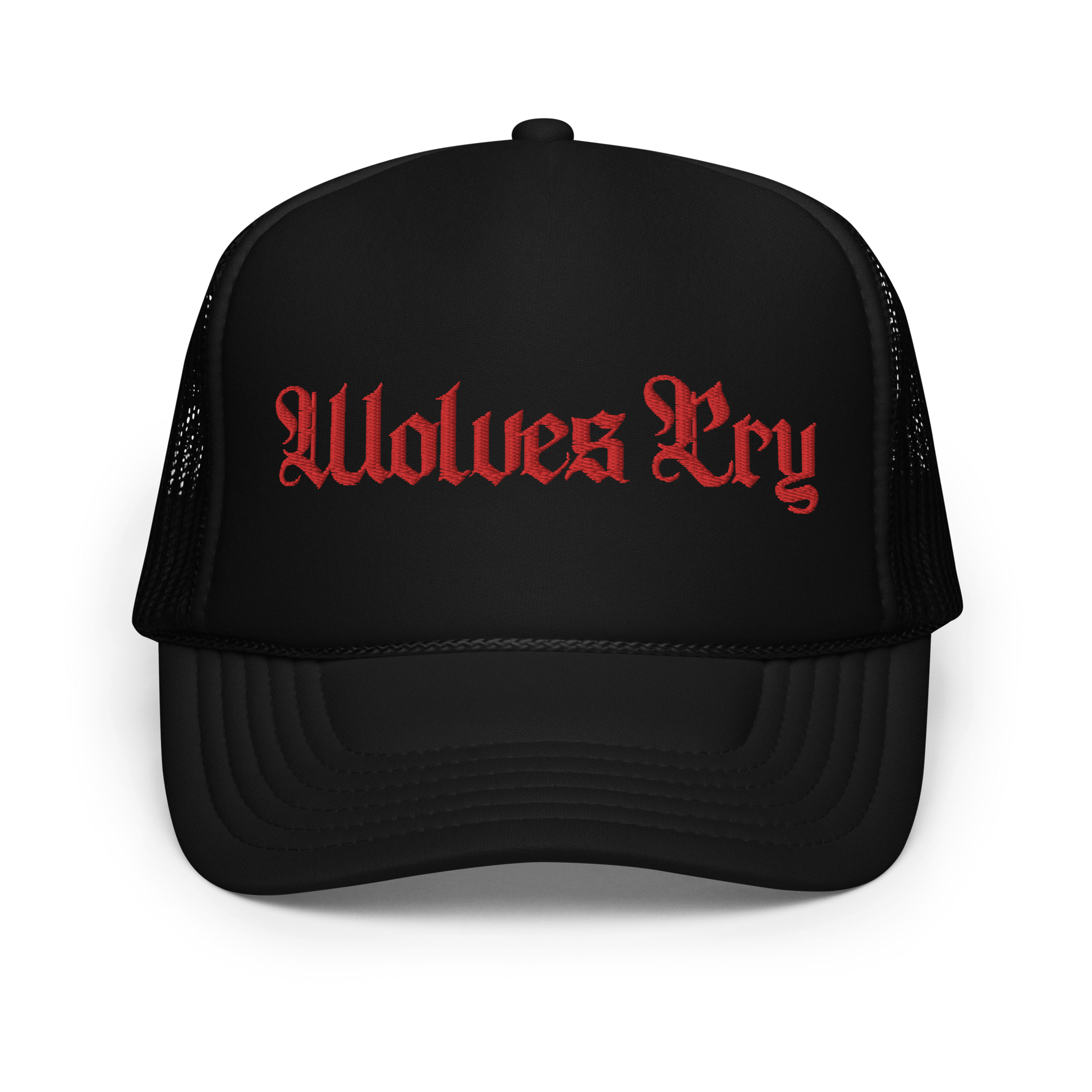 Wolves Cry “Reds” Foam Trucker Hat featuring bold red Wolves Cry embroidery on a sleek black foam front, combining standout style with classic trucker design.
