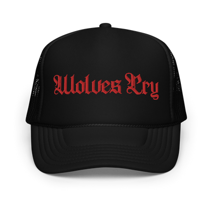 Wolves Cry “Reds” Foam Trucker Hat featuring bold red Wolves Cry embroidery on a sleek black foam front, combining standout style with classic trucker design.