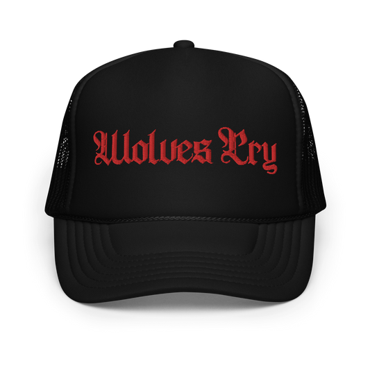 Wolves Cry “Reds” Foam Trucker Hat featuring bold red Wolves Cry embroidery on a sleek black foam front, combining standout style with classic trucker design.