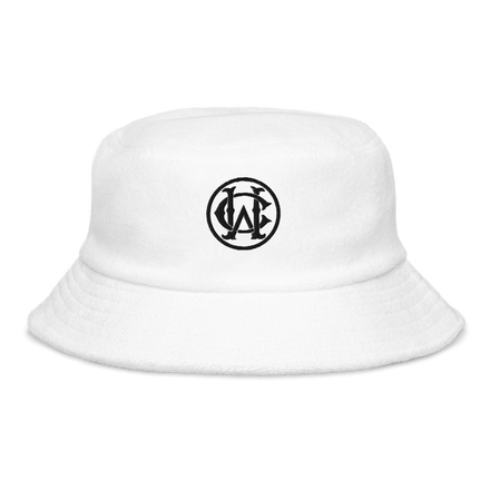 White Terry Cloth Bucket Hat featuring Wolves Cry monogram logo embroidery, designed for casual comfort with a timeless style.