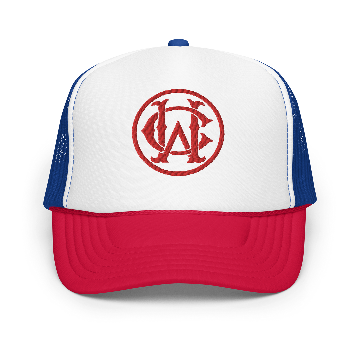 Wolves Cry Unity Foam Trucker Hat featuring the iconic red, white, and blue colorway with an embroidered Wolves Cry monogram logo on the front.