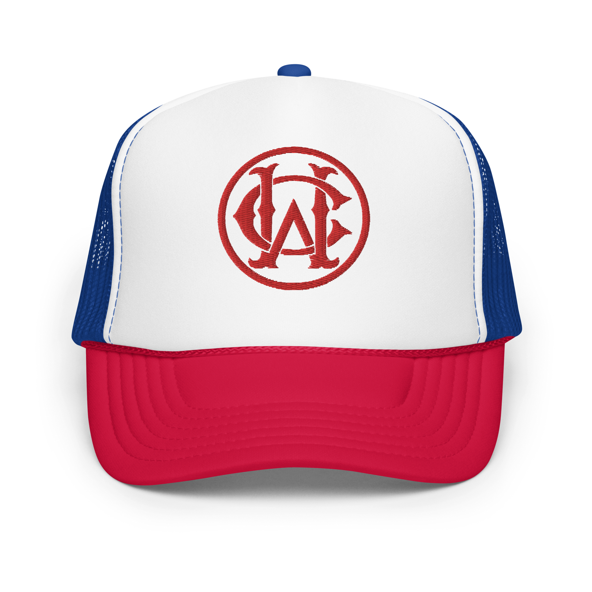Wolves Cry Unity Foam Trucker Hat featuring the iconic red, white, and blue colorway with an embroidered Wolves Cry monogram logo on the front.