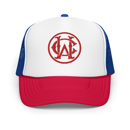 Wolves Cry Unity Foam Trucker Hat featuring the iconic red, white, and blue colorway with an embroidered Wolves Cry monogram logo on the front.