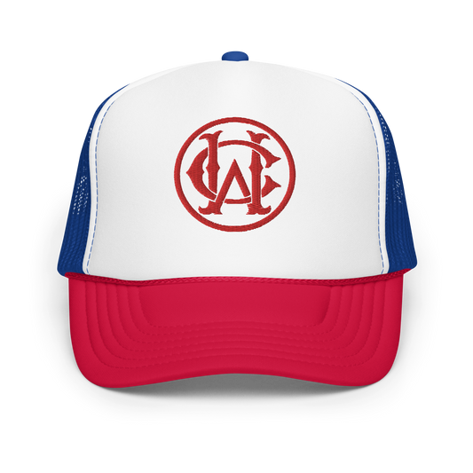 Wolves Cry Unity Foam Trucker Hat featuring the iconic red, white, and blue colorway with an embroidered Wolves Cry monogram logo on the front.