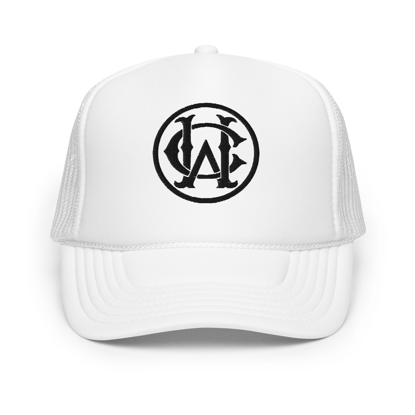 Wolves Cry White WC Foam Trucker Hat featuring the embroidered WC monogram logo on a white foam front, combining retro style with clean, bold design.