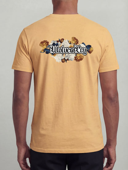 Model wearing Wolves Cry Bousquet tee yellow back floral graphic heavyweight t-shirt