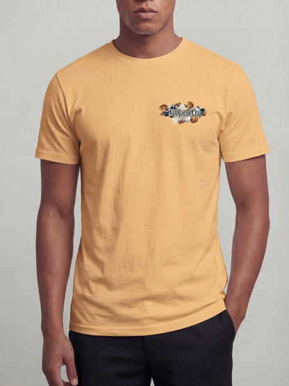 Model wearing Wolves Cry Bousquet tee yellow front graphic heavyweight t-shirt