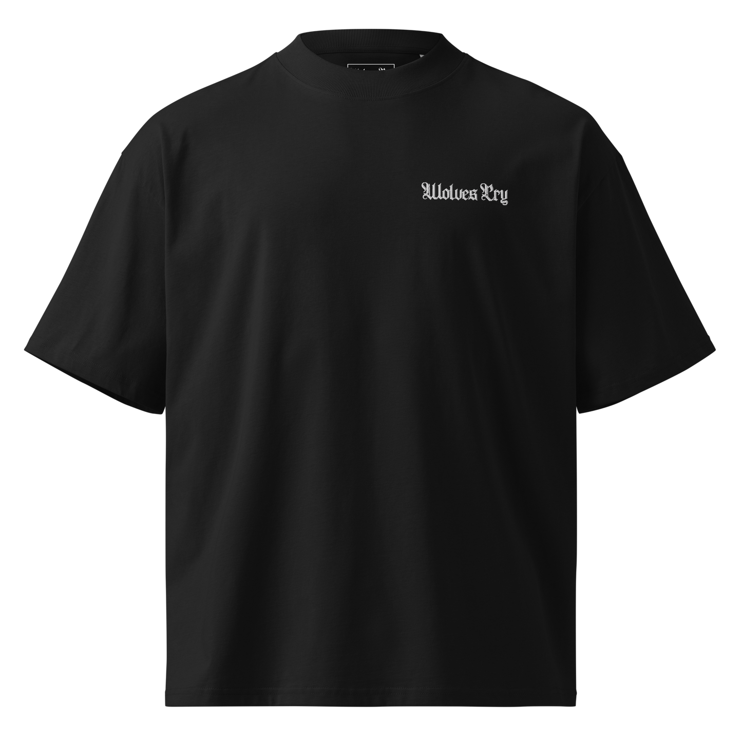 Organic black high neck drop tee flatlay showing oversized silhouette, heavyweight drape, and Wolves Cry embroidered logo.
