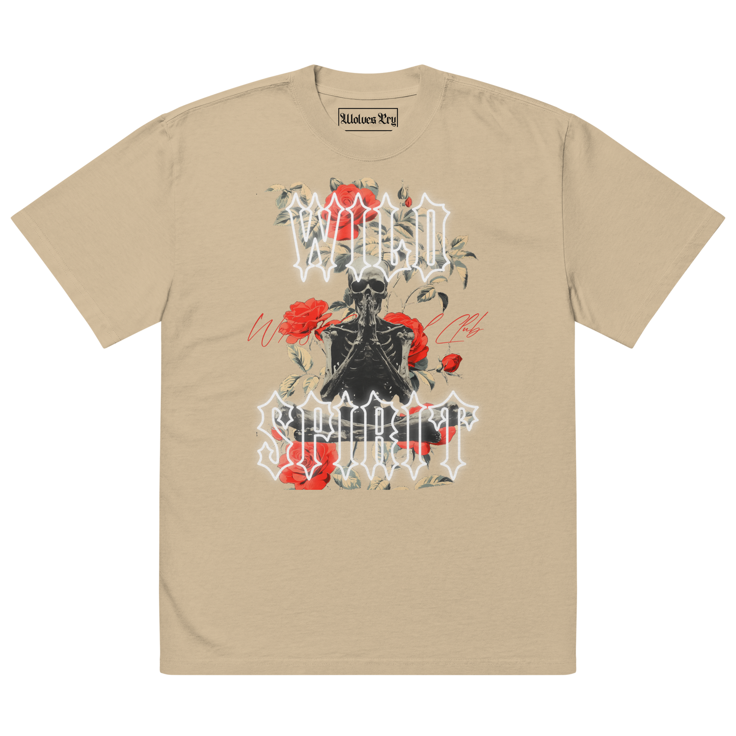 Flatlay of the Wild Spirit Prayer Tee in khaki featuring vivid red roses, meditating skeleton artwork, and gothic white text on premium heavyweight fabric.