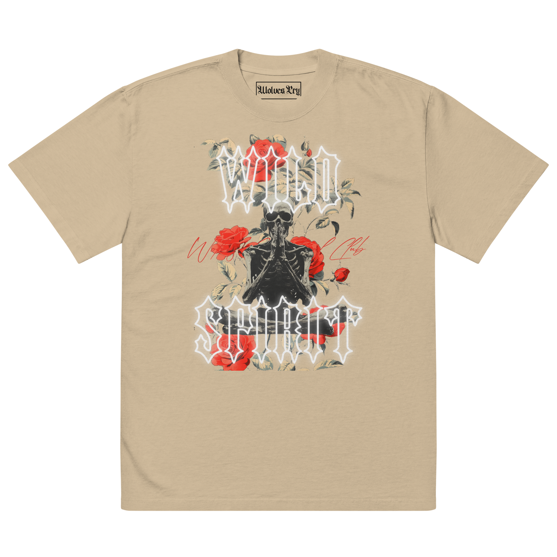 Flatlay of the Wild Spirit Prayer Tee in khaki featuring vivid red roses, meditating skeleton artwork, and gothic white text on premium heavyweight fabric.