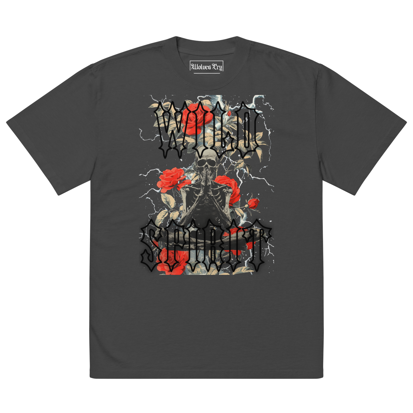 Wolves Cry Wild Spirit Prayer Tee in vintage black, featuring bold streetwear artwork of a meditating skeleton, vibrant red roses, and lightning accents.