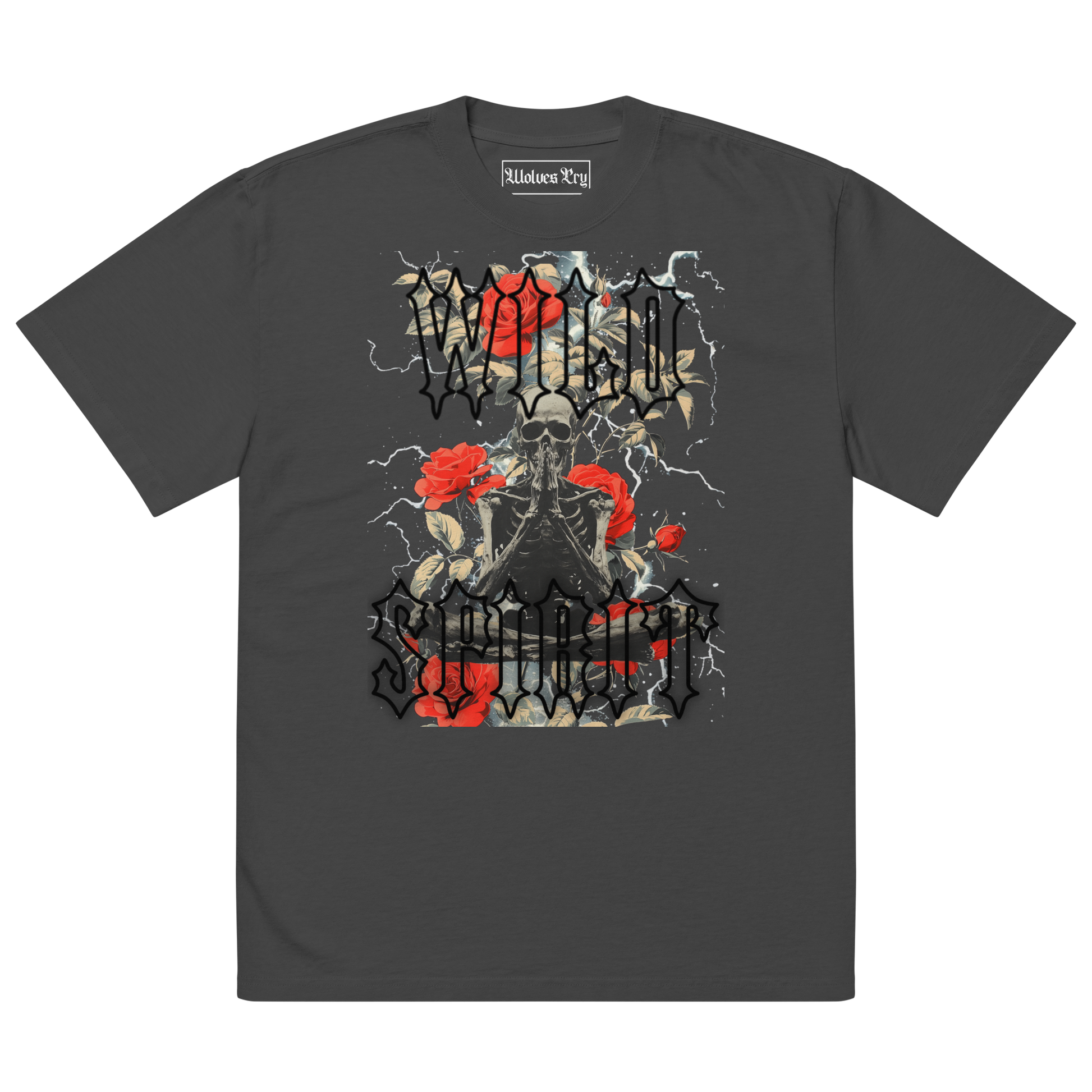 Wolves Cry Wild Spirit Prayer Tee in vintage black, featuring bold streetwear artwork of a meditating skeleton, vibrant red roses, and lightning accents.