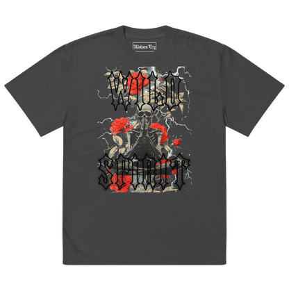 Wolves Cry Wild Spirit Prayer Tee in vintage black, featuring bold streetwear artwork of a meditating skeleton, vibrant red roses, and lightning accents.