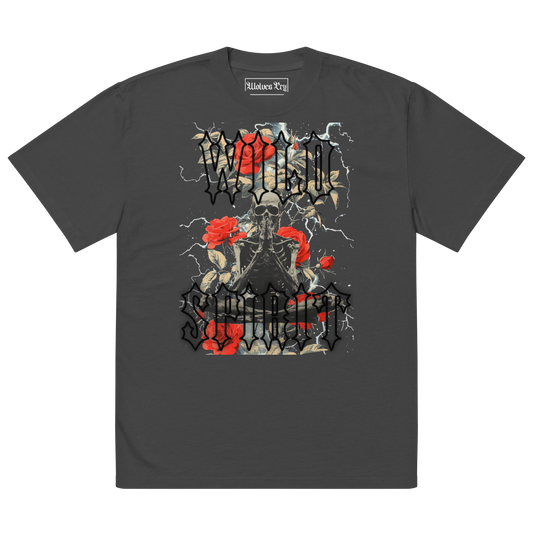 Wolves Cry Wild Spirit Prayer Tee in vintage black, featuring bold streetwear artwork of a meditating skeleton, vibrant red roses, and lightning accents.