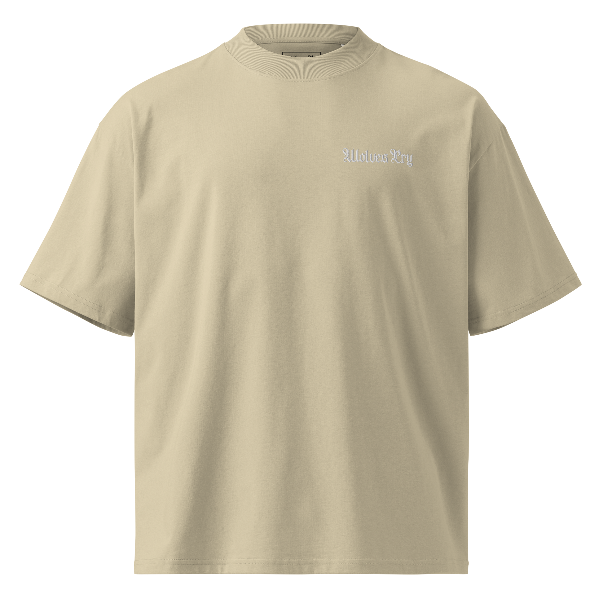 Flat lay of the Wolves Cry organic high neck drop tee in sage dust, a soft green-beige tone with tonal embroidery.