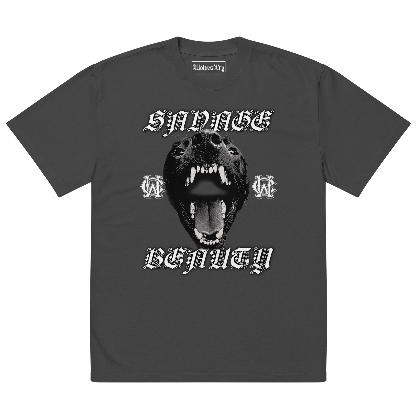 Flat lay mockup of Wolves Cry Savage Beauty Tee in vintage charcoal, featuring graphic wolf motif and gothic text